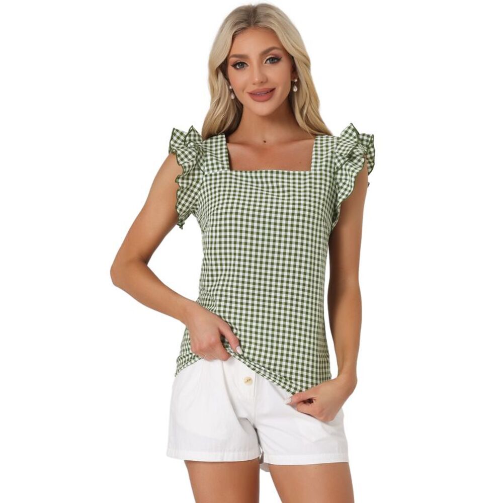 Summer Gingham Tops Square Neck Ruffle Cap Sleeve Blouses Dark Green